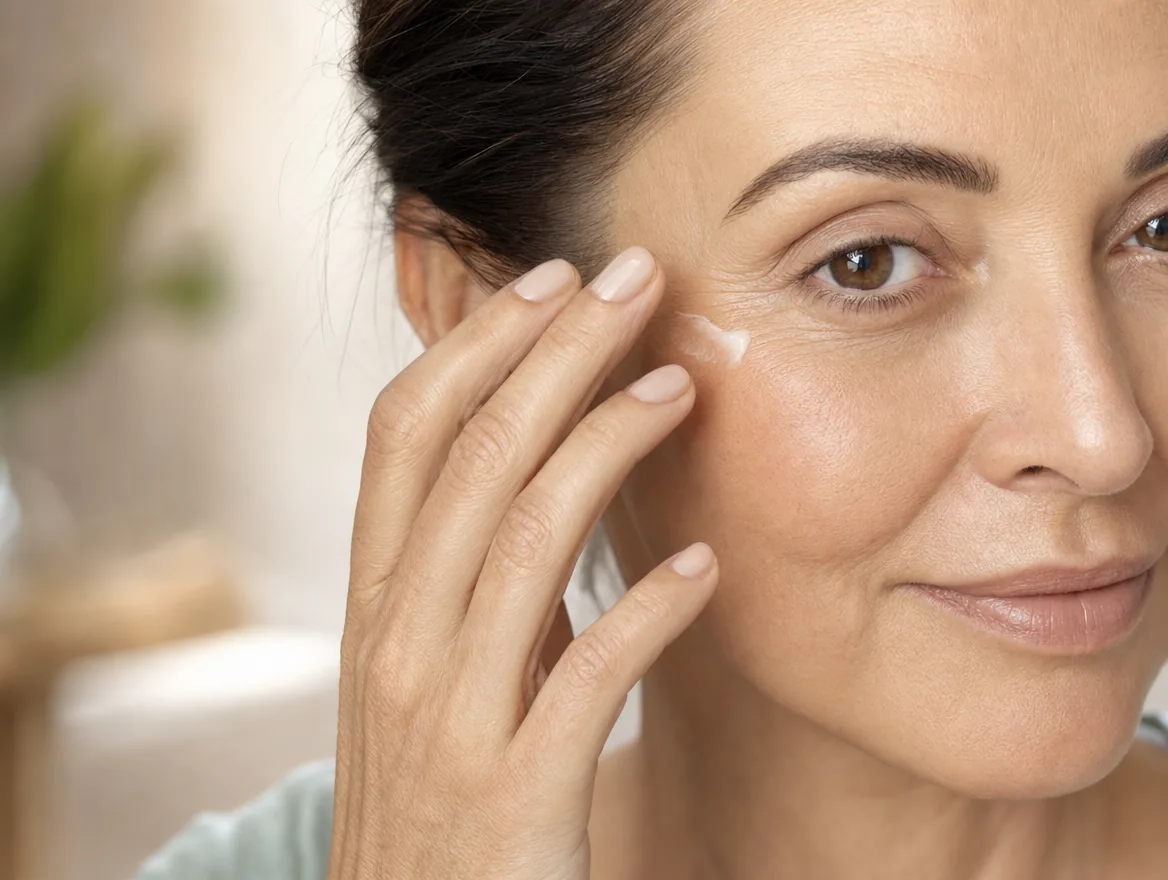 A woman applying eye cream to the outer eye area with her ring finger