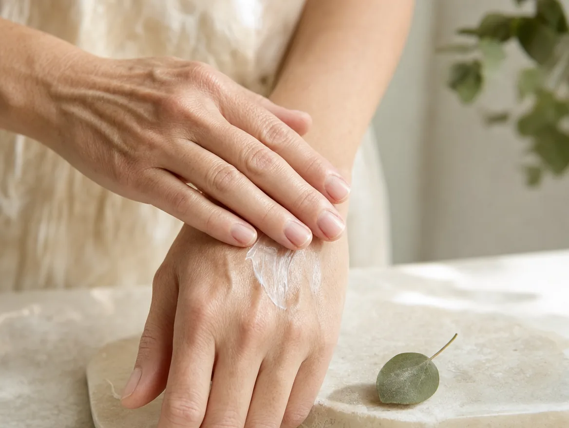 Hands spreading a hand cream over the back of the hand