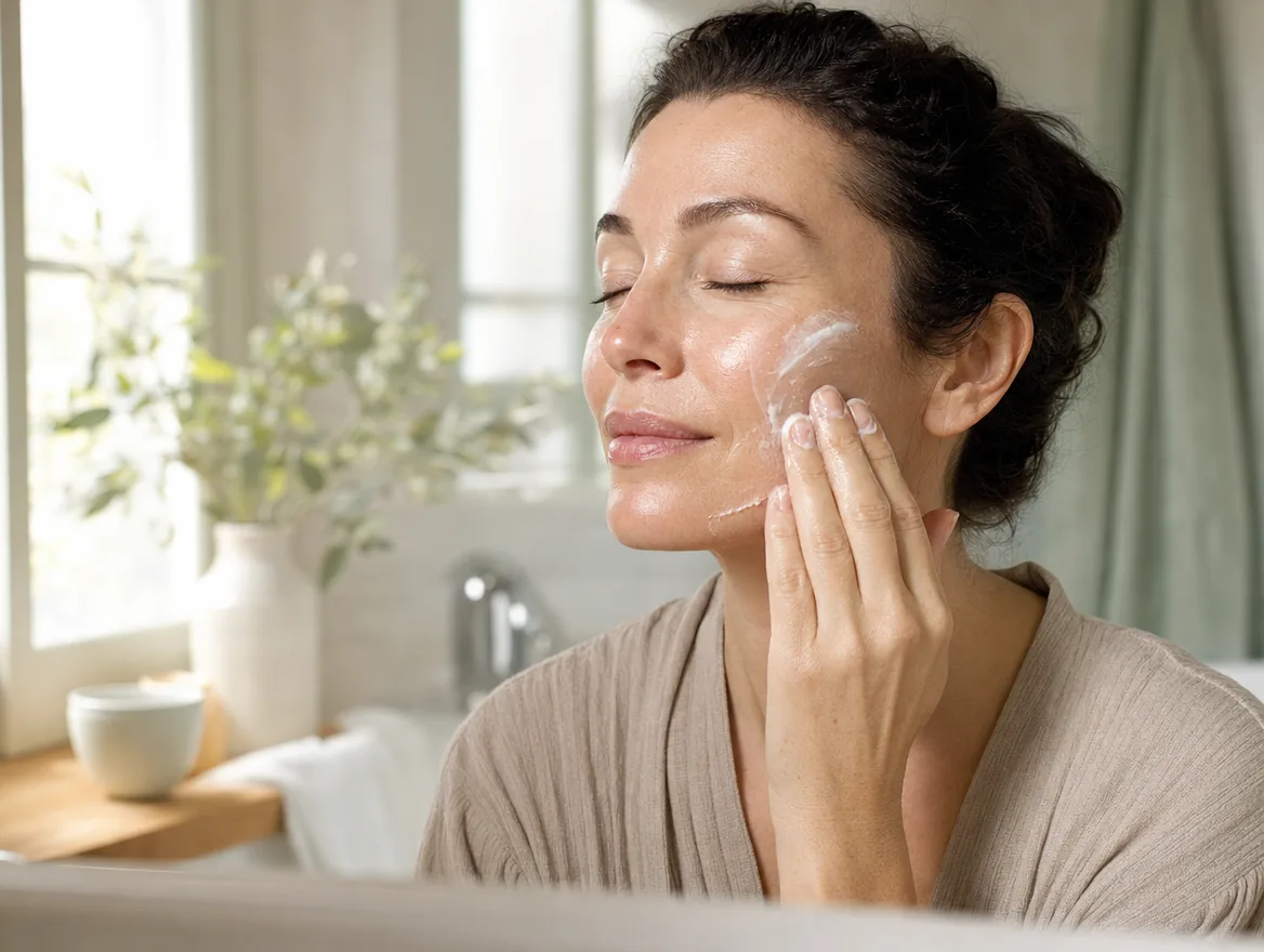 A woman cleansing her face with a cleansing milk